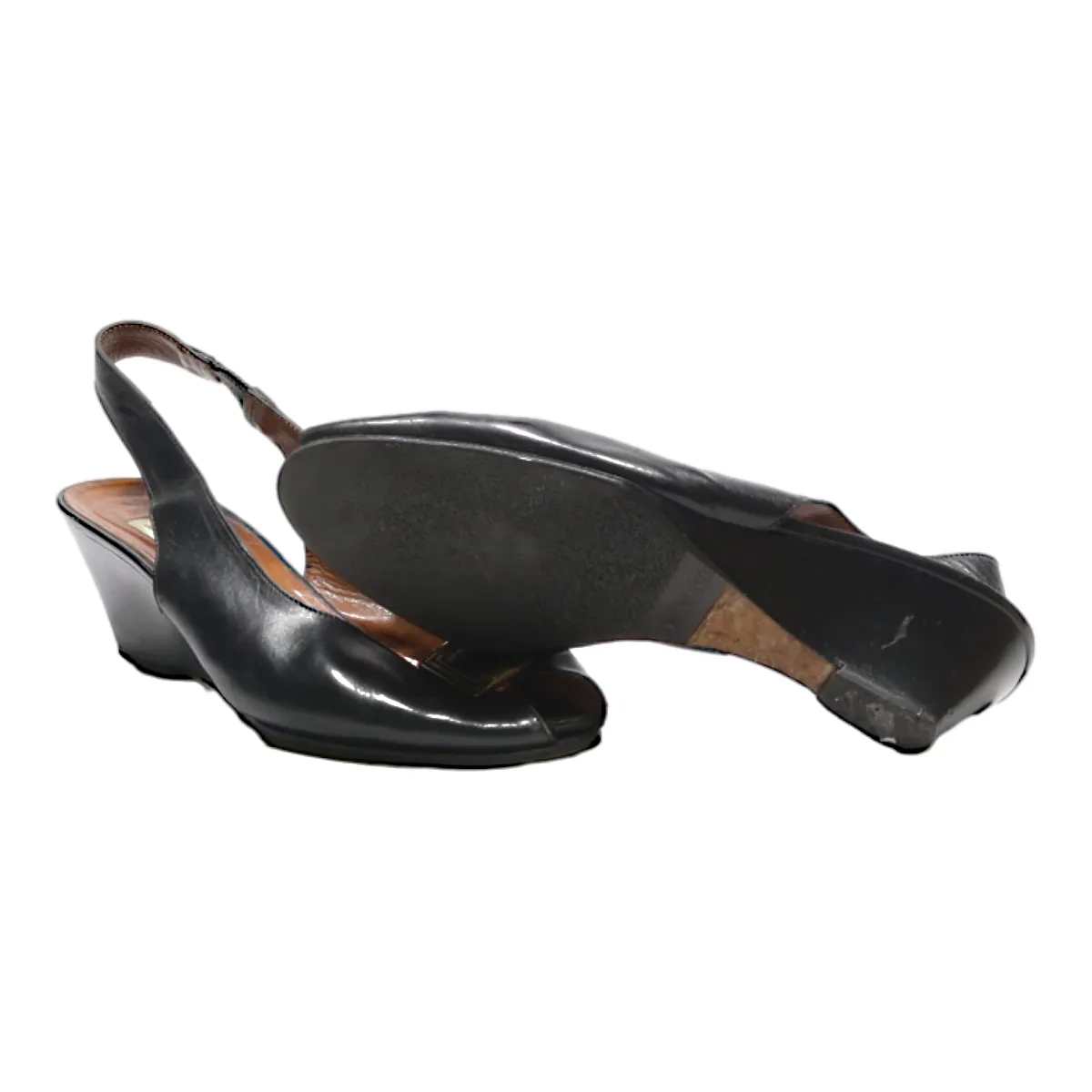 BALLY Slingback Peep Toe Heels Black Leather Womens UK 3
