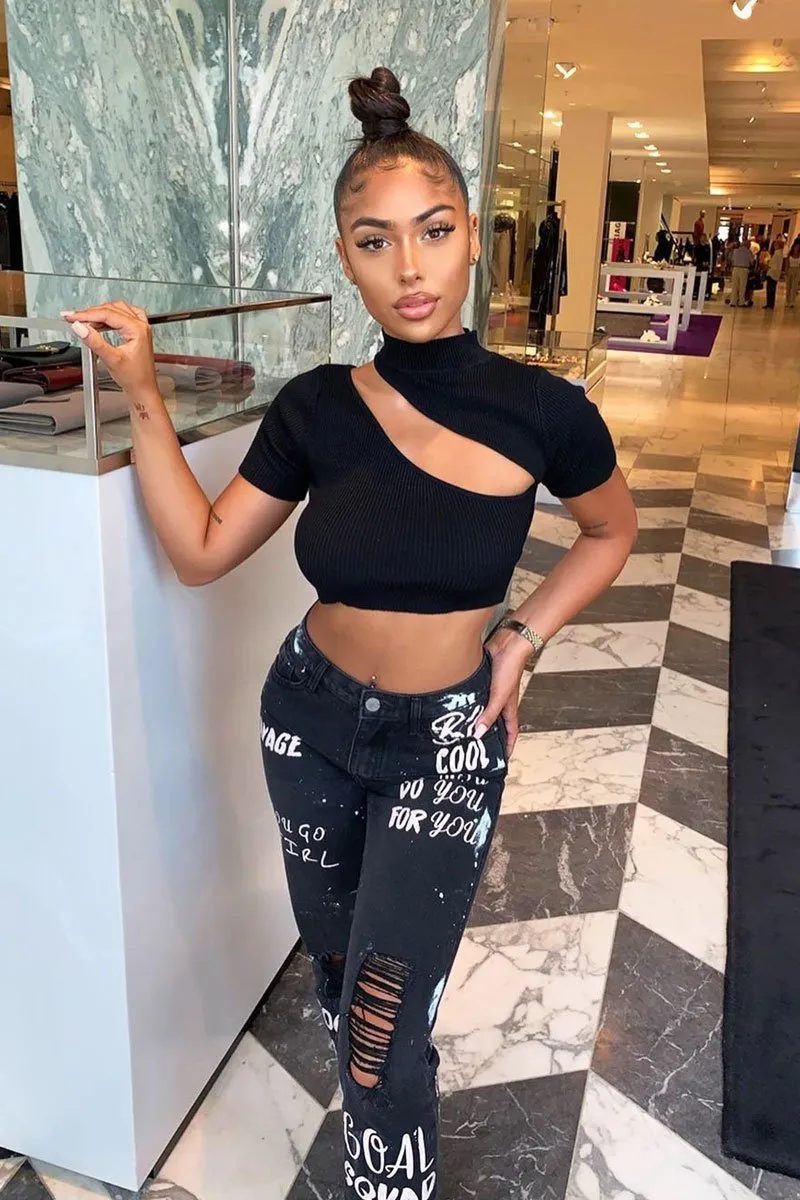 Black Rib High Neck Crop Top - Talina