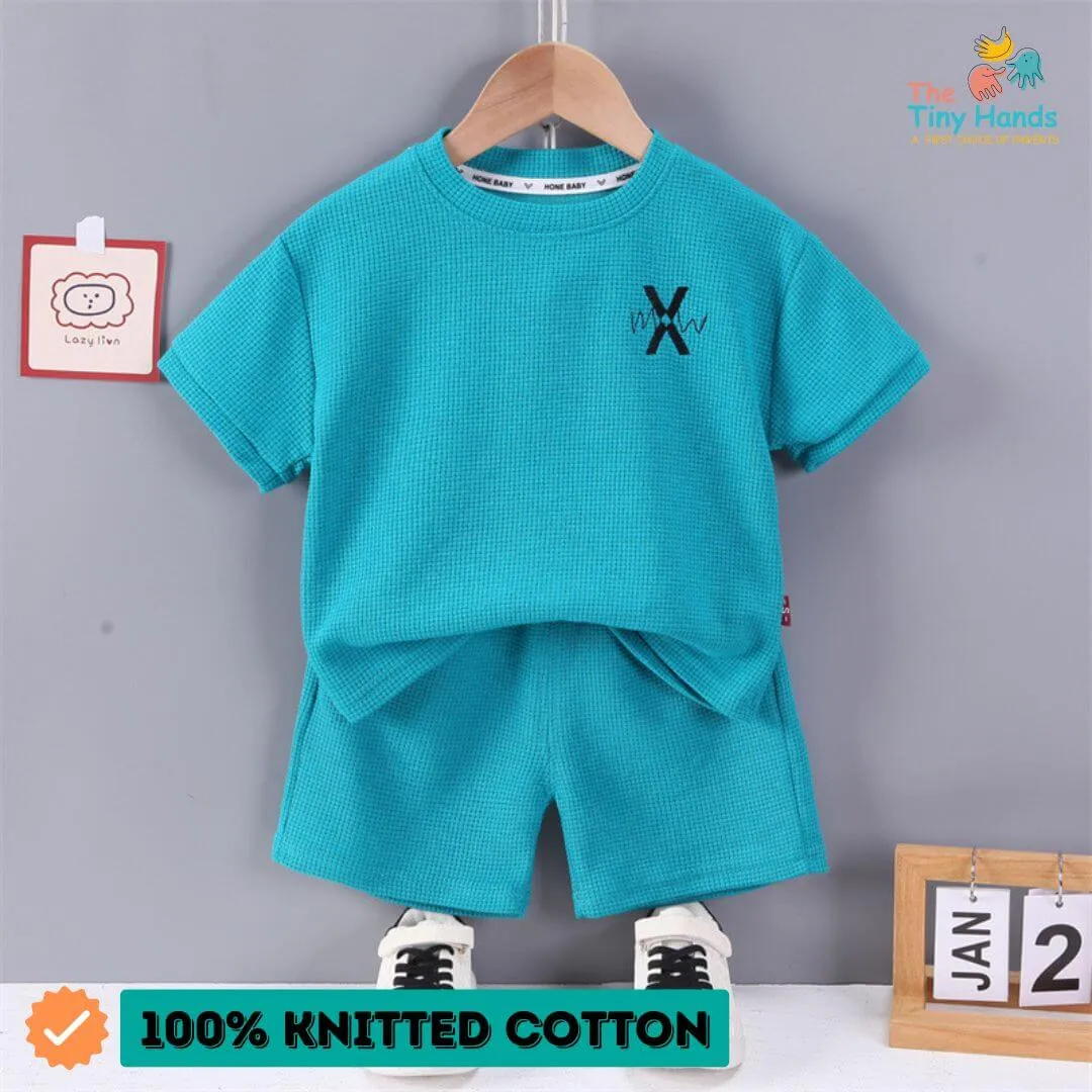 Blue Knit Half Sleeves Solid Round Neck Tshirt and Shorts Set