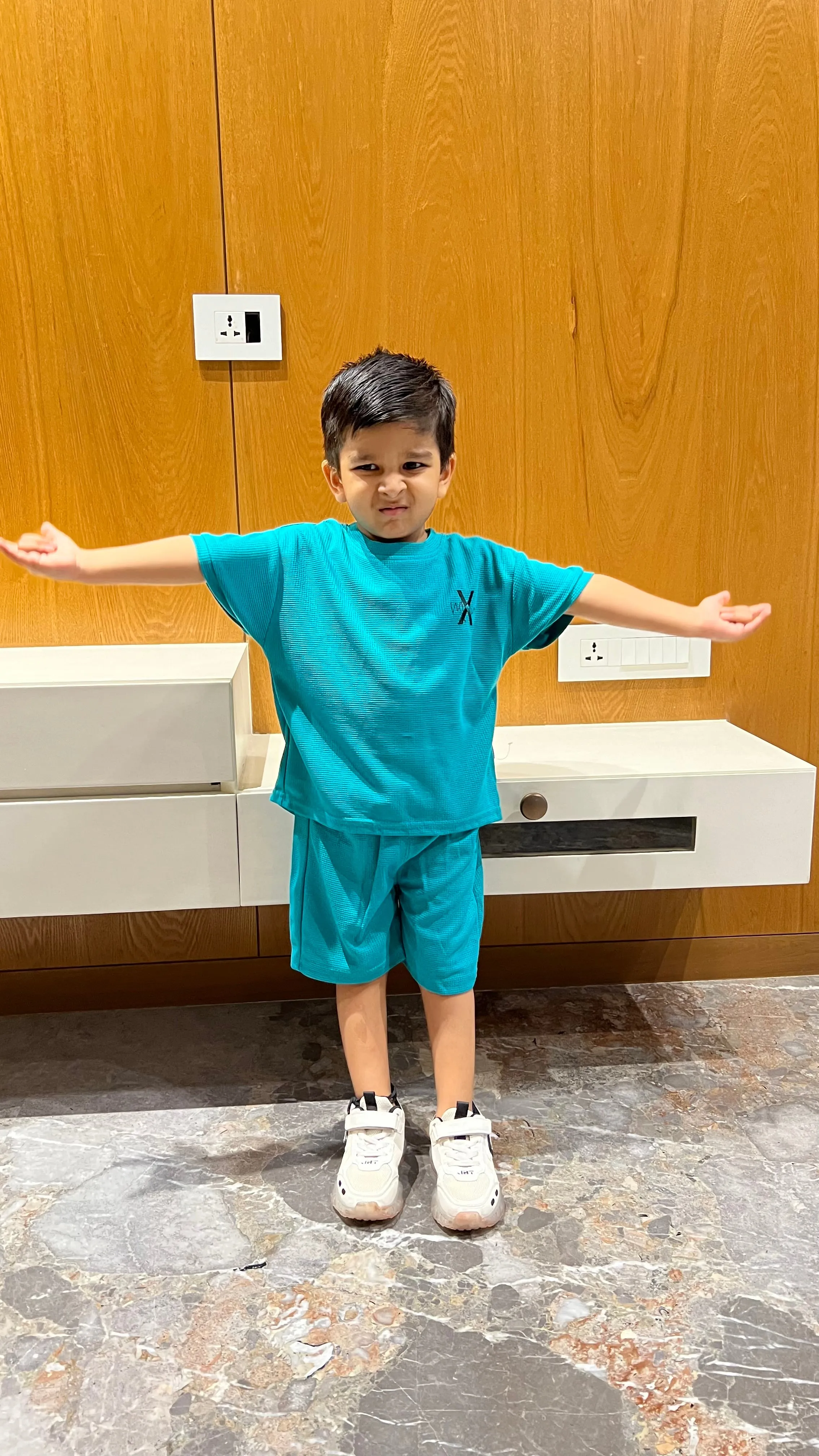 Blue Knit Half Sleeves Solid Round Neck Tshirt and Shorts Set