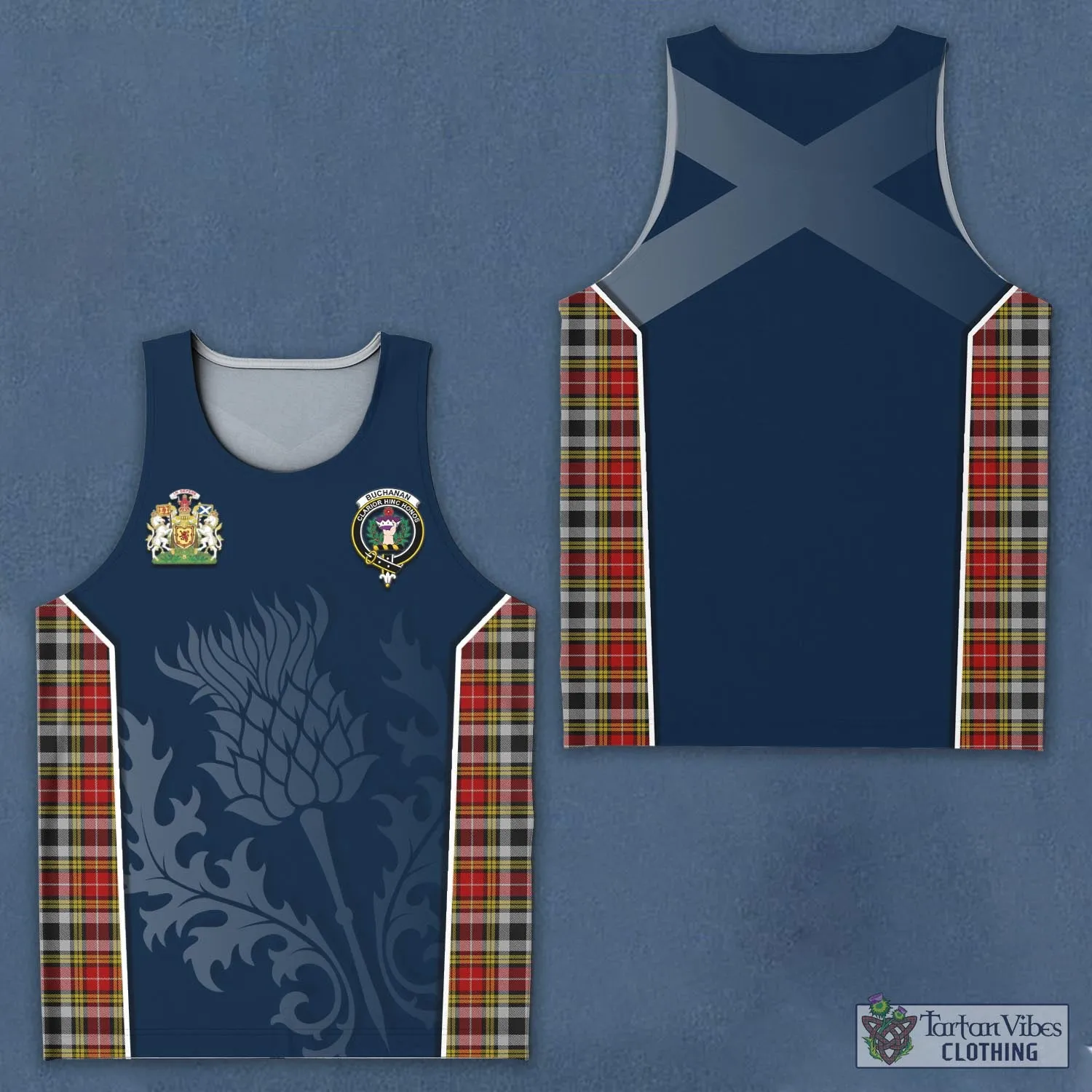 Buchanan Old Dress Tartan Men's Tanks Top with Family Crest and Scottish Thistle Vibes Sport Style