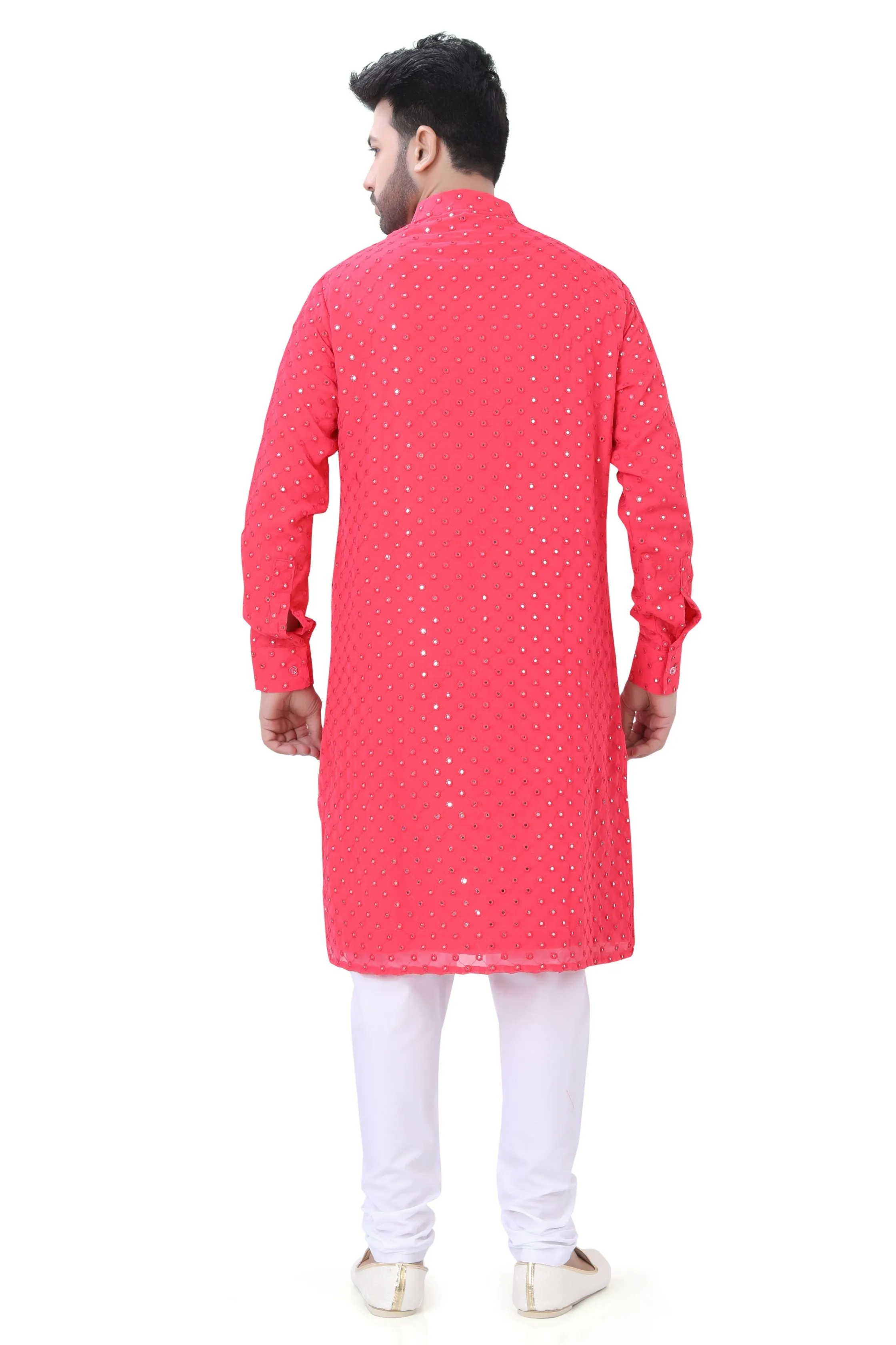 Coral Pink Mirror Work Kurta in Soft Georgette Fabric