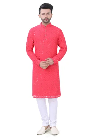 Coral Pink Mirror Work Kurta in Soft Georgette Fabric