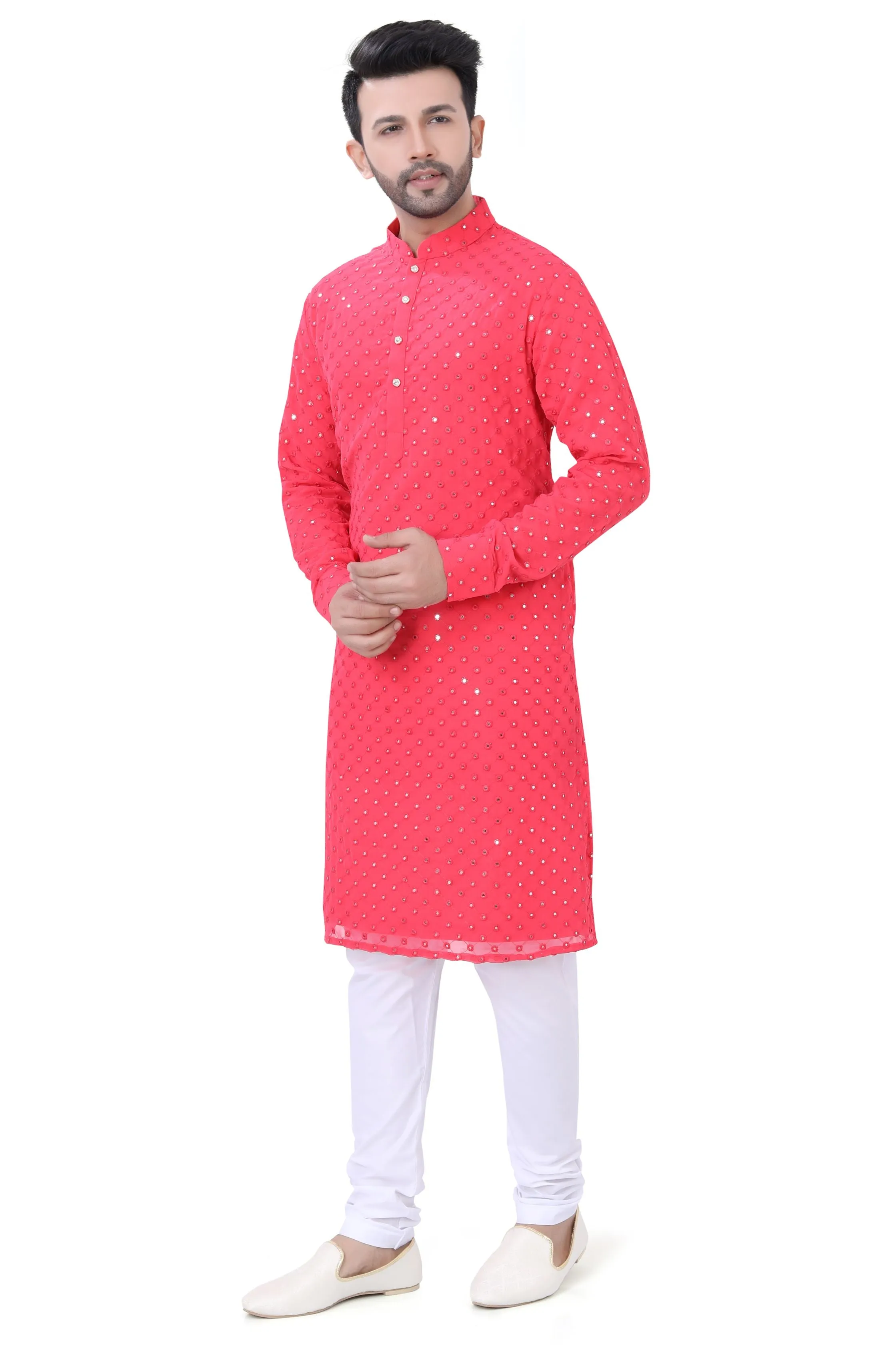 Coral Pink Mirror Work Kurta in Soft Georgette Fabric