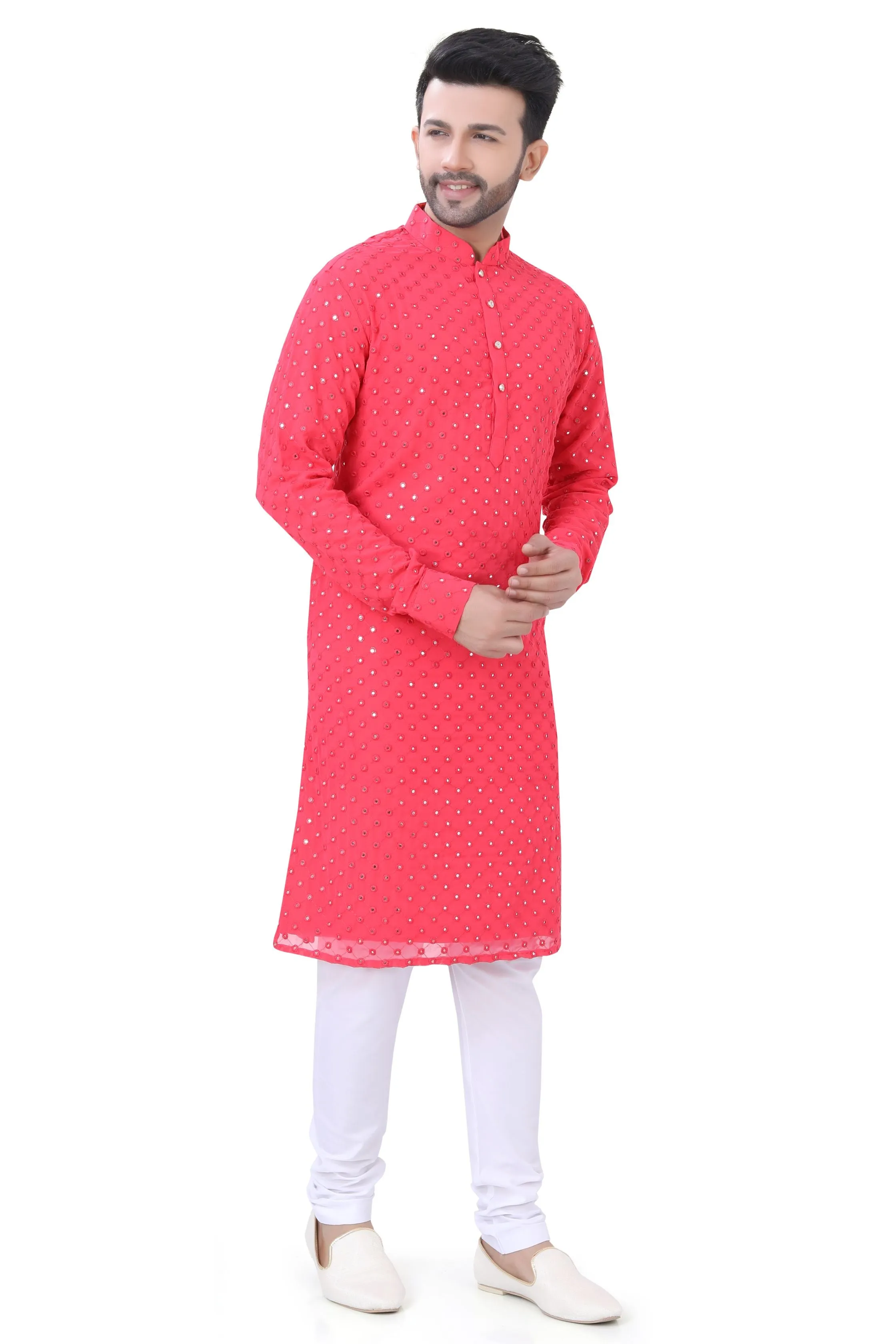 Coral Pink Mirror Work Kurta in Soft Georgette Fabric