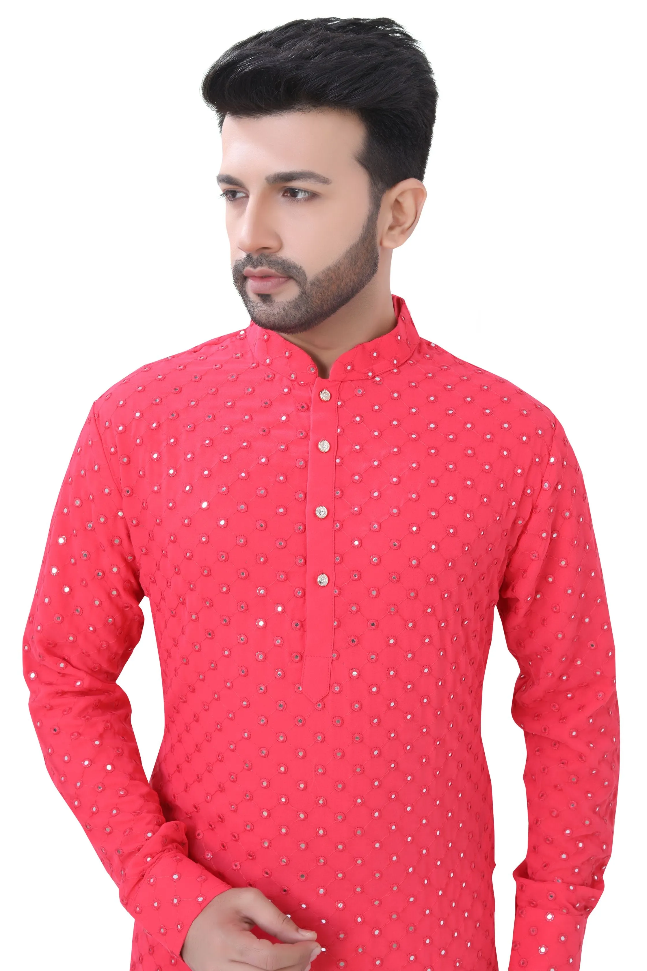 Coral Pink Mirror Work Kurta in Soft Georgette Fabric