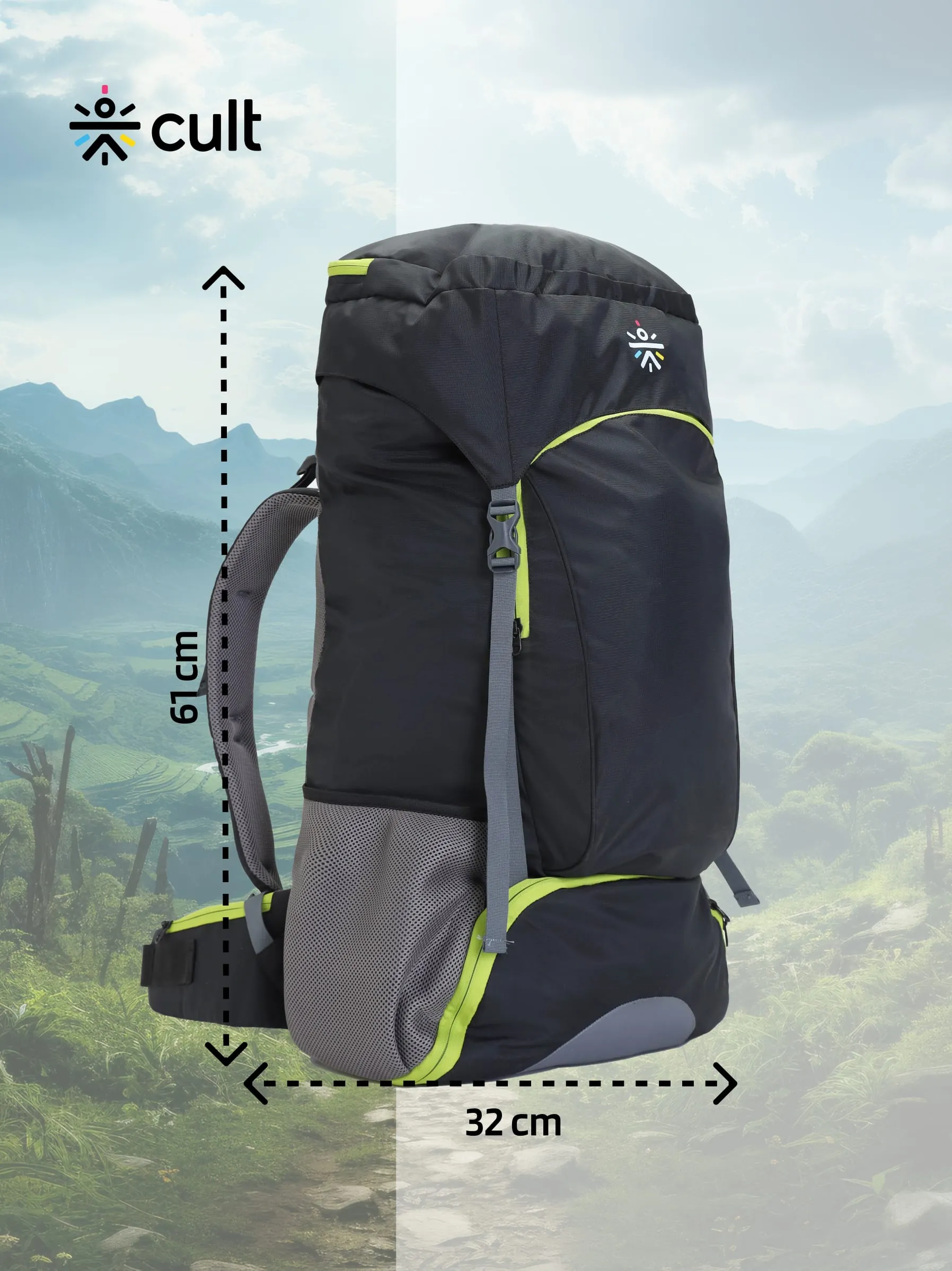 Cult 55 Litre Standard Backpack | Daypack Bag For Camping | Hiking Trekking | Black Green |