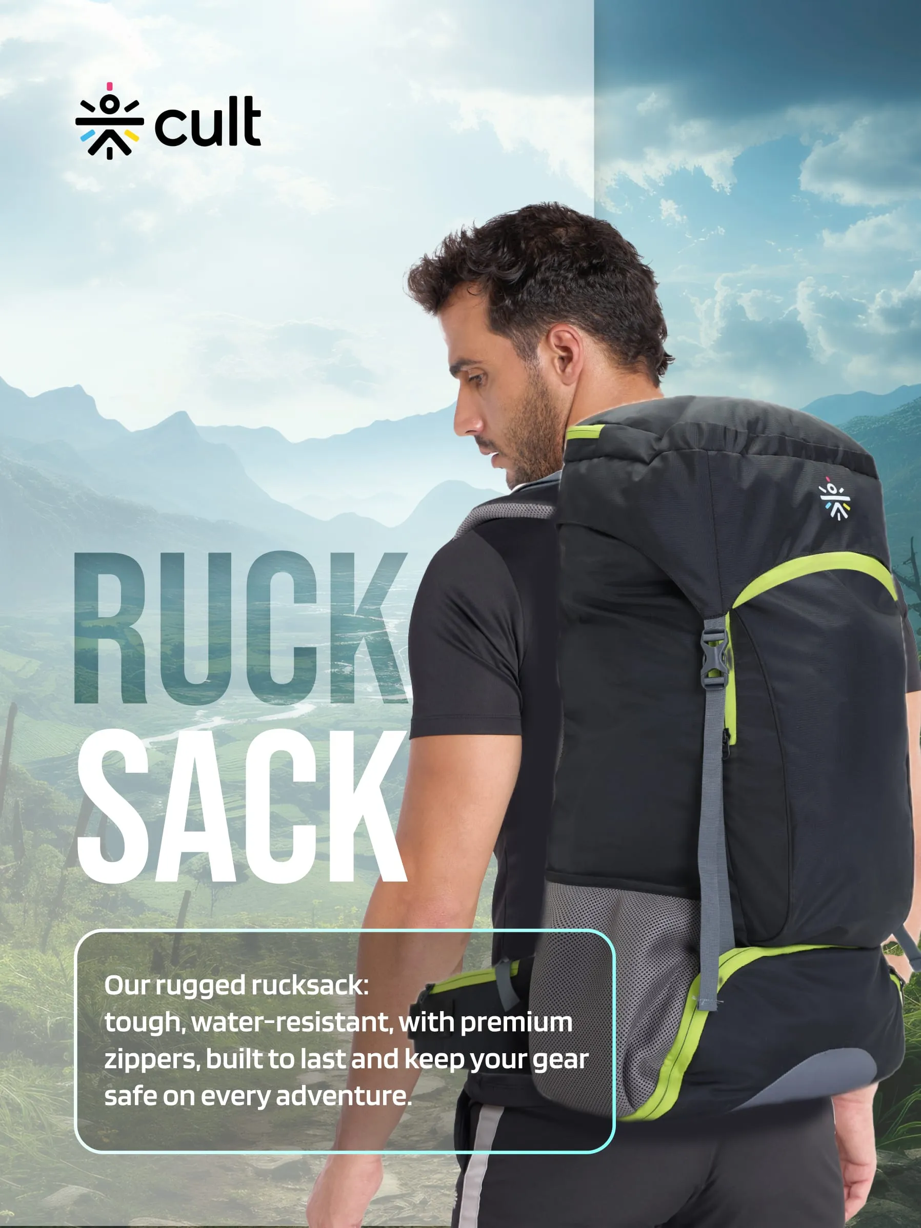 Cult 55 Litre Standard Backpack | Daypack Bag For Camping | Hiking Trekking | Black Green |
