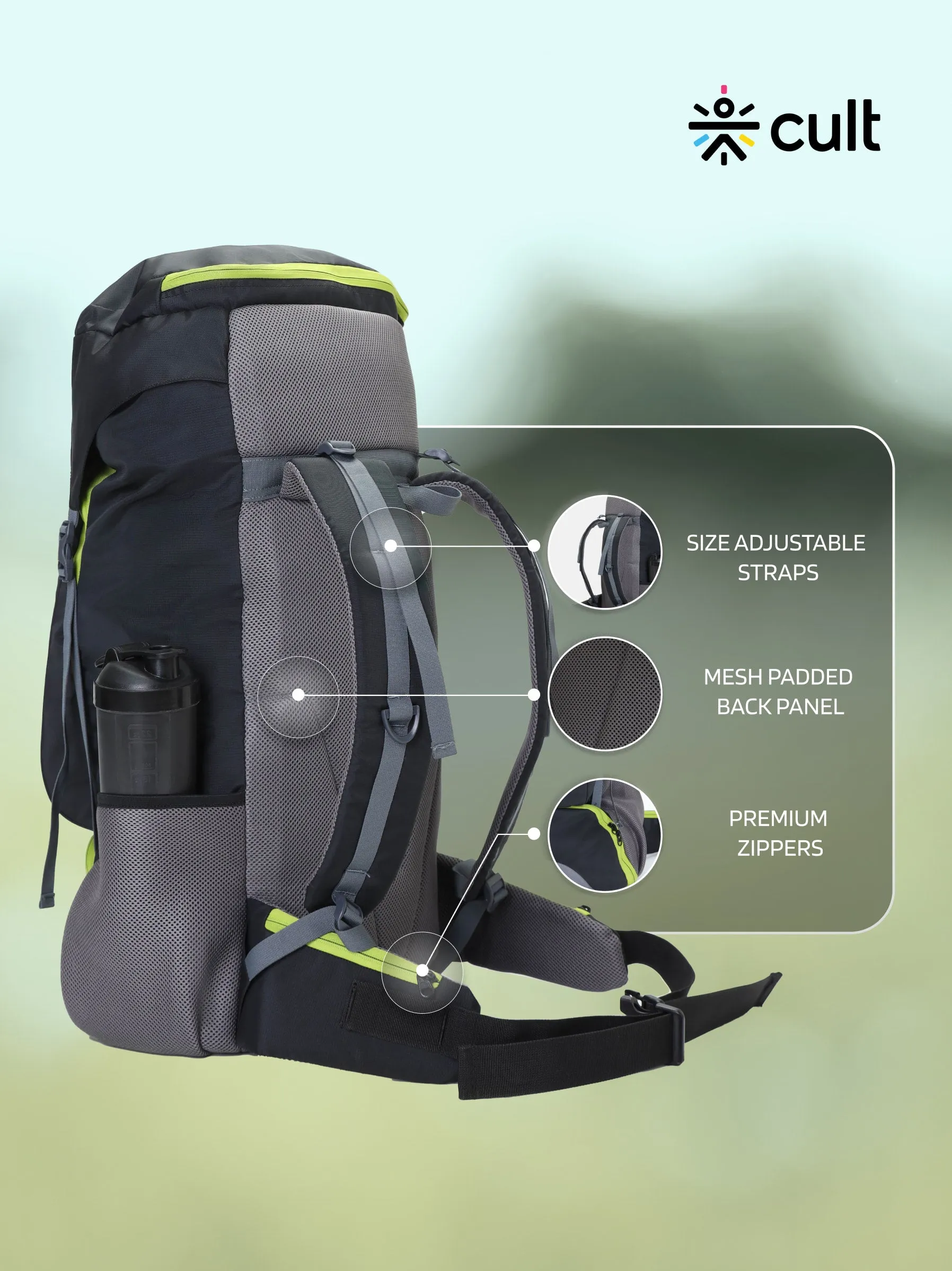 Cult 55 Litre Standard Backpack | Daypack Bag For Camping | Hiking Trekking | Black Green |
