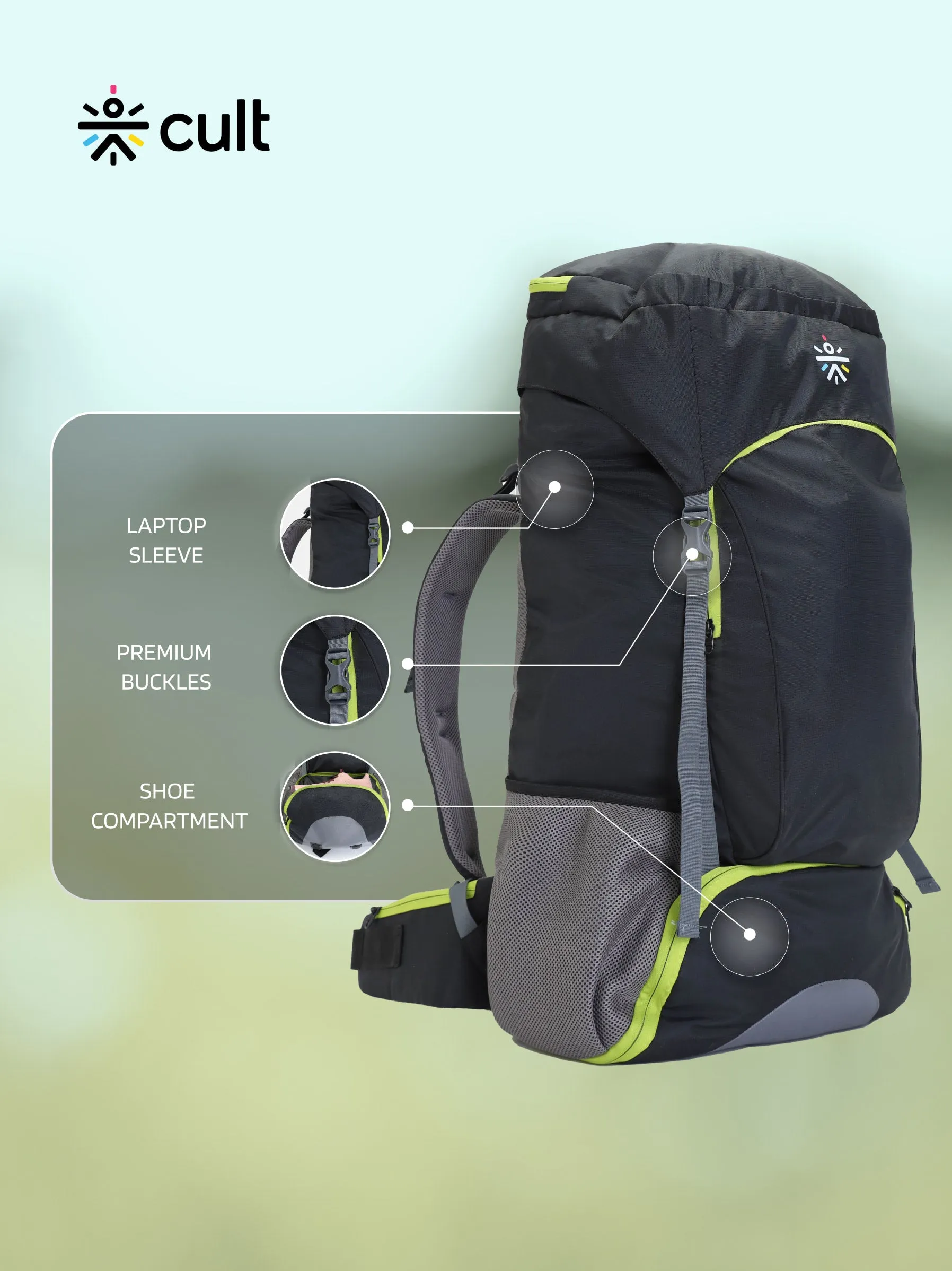 Cult 55 Litre Standard Backpack | Daypack Bag For Camping | Hiking Trekking | Black Green |