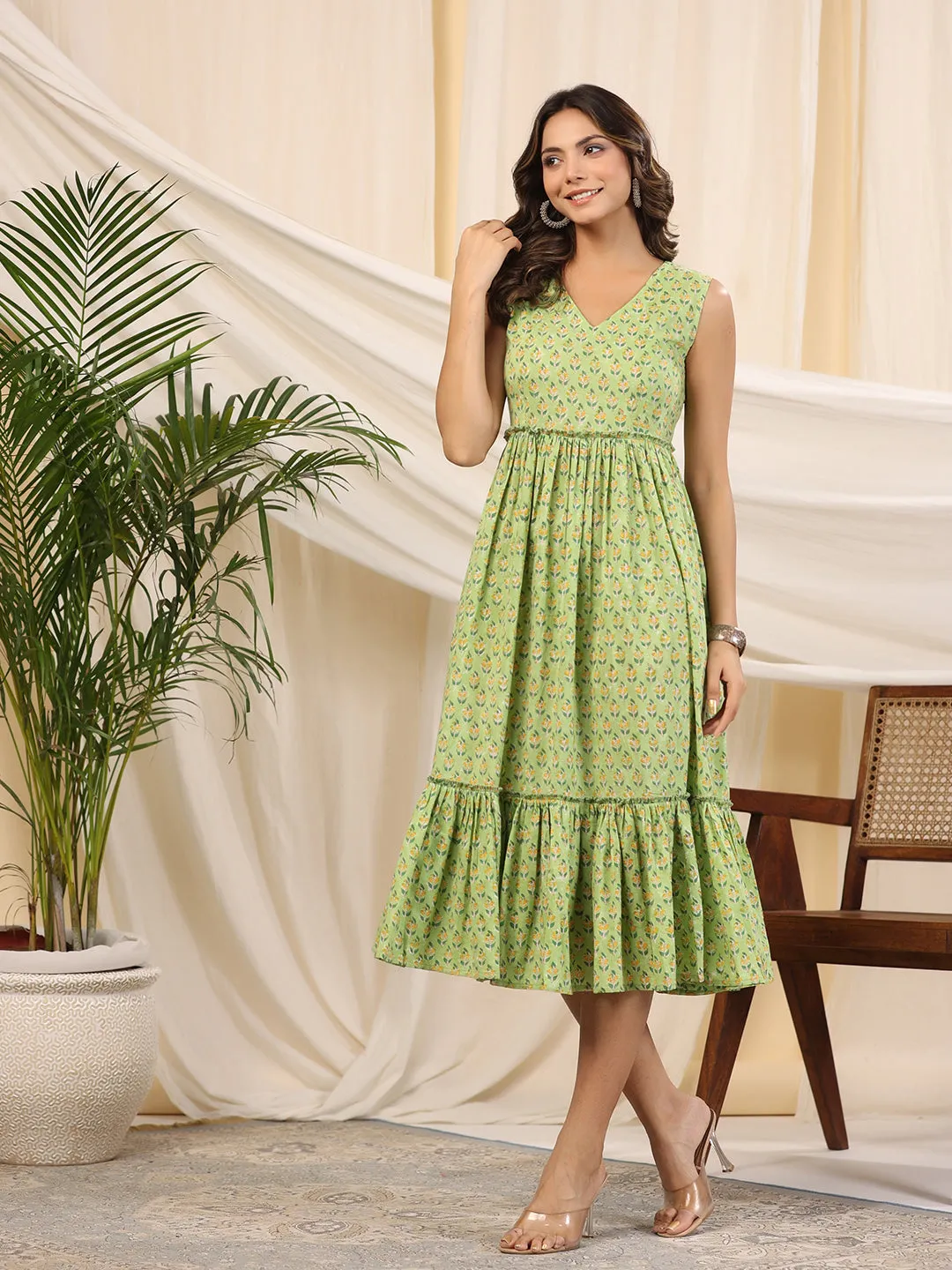 Green Handblock Printed Cotton Dress
