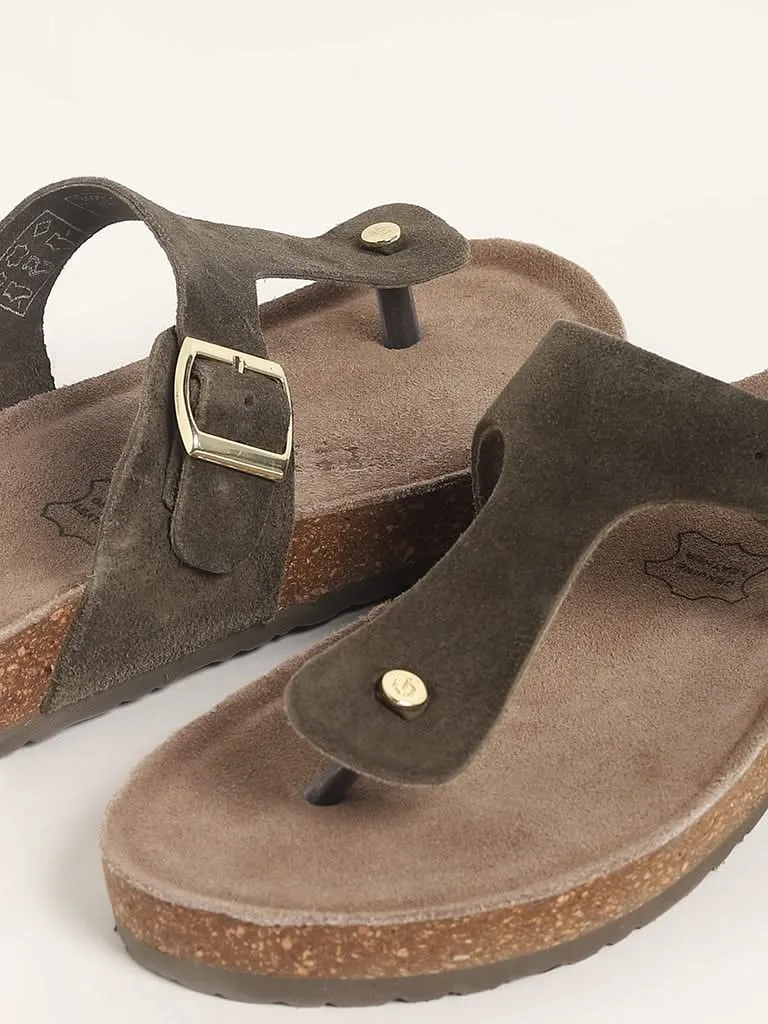 LUNA BLU Olive Suede T-Bar Comfort Sandals