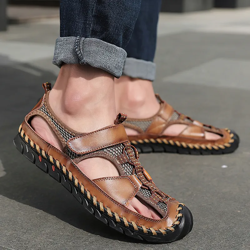 Men's Summer Leather Sandals With Non-Slip Wear-Resistant Outsole / Fashion Male Footwear