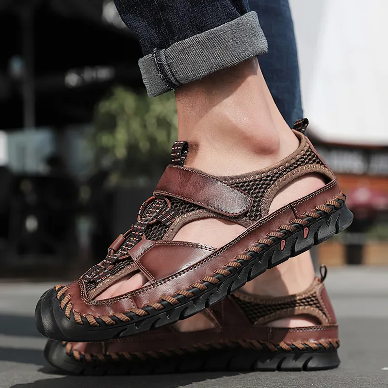 Men's Summer Leather Sandals With Non-Slip Wear-Resistant Outsole / Fashion Male Footwear