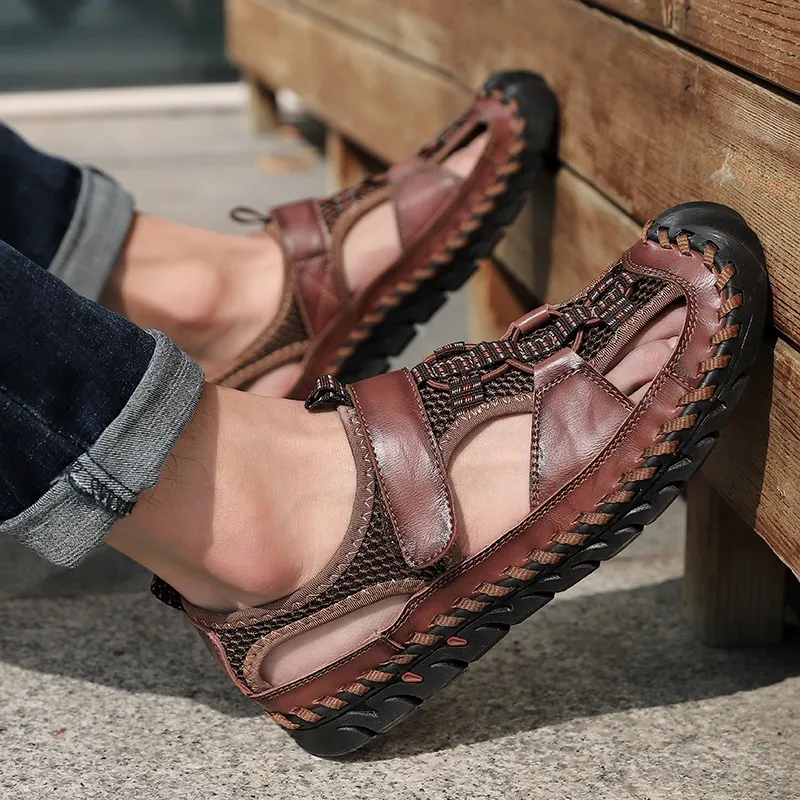 Men's Summer Leather Sandals With Non-Slip Wear-Resistant Outsole / Fashion Male Footwear