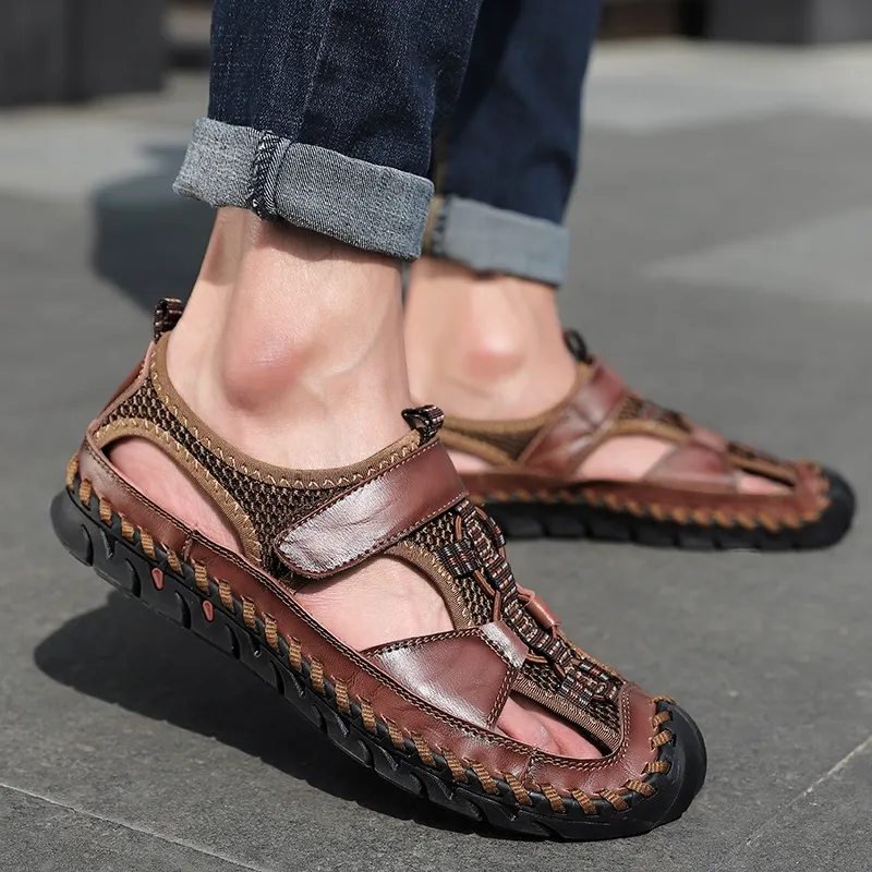 Men's Summer Leather Sandals With Non-Slip Wear-Resistant Outsole / Fashion Male Footwear