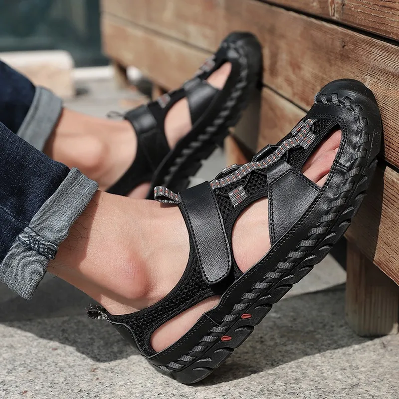 Men's Summer Leather Sandals With Non-Slip Wear-Resistant Outsole / Fashion Male Footwear