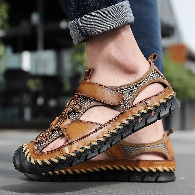 Men's Summer Leather Sandals With Non-Slip Wear-Resistant Outsole / Fashion Male Footwear