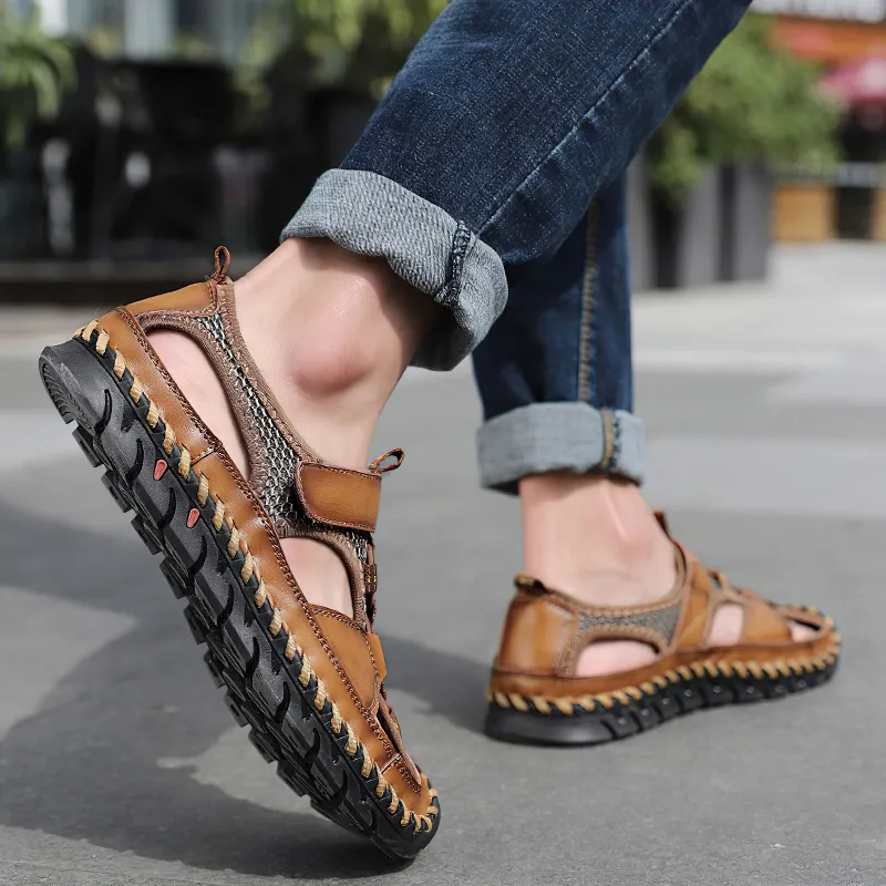 Men's Summer Leather Sandals With Non-Slip Wear-Resistant Outsole / Fashion Male Footwear