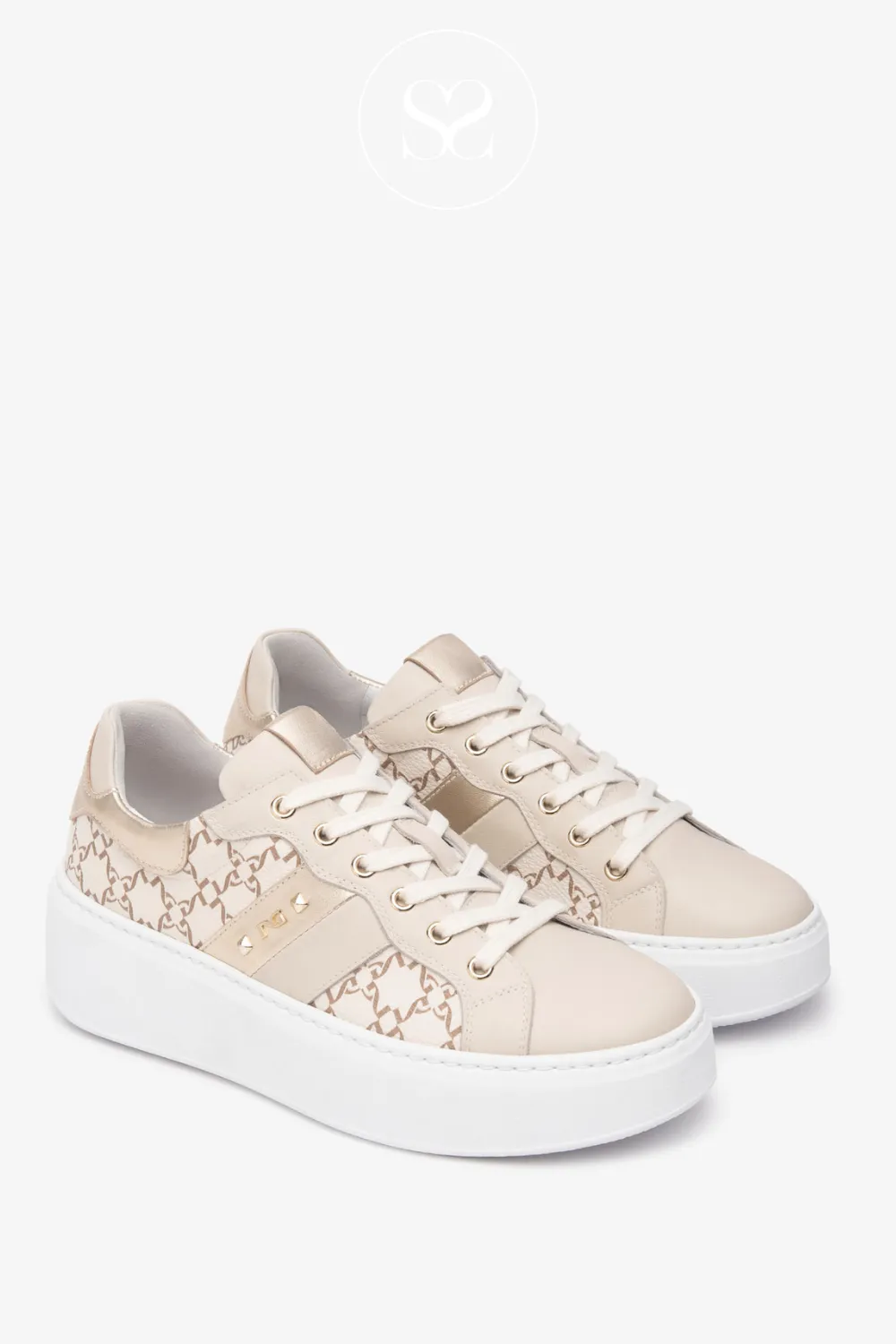 NERO GIARDINI E513080D CREAM/TAUPE LEATHER WEDGE TRAINERS