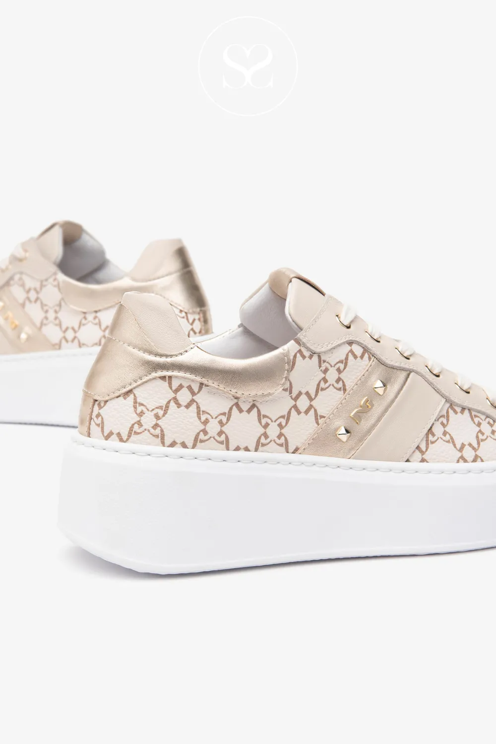 NERO GIARDINI E513080D CREAM/TAUPE LEATHER WEDGE TRAINERS
