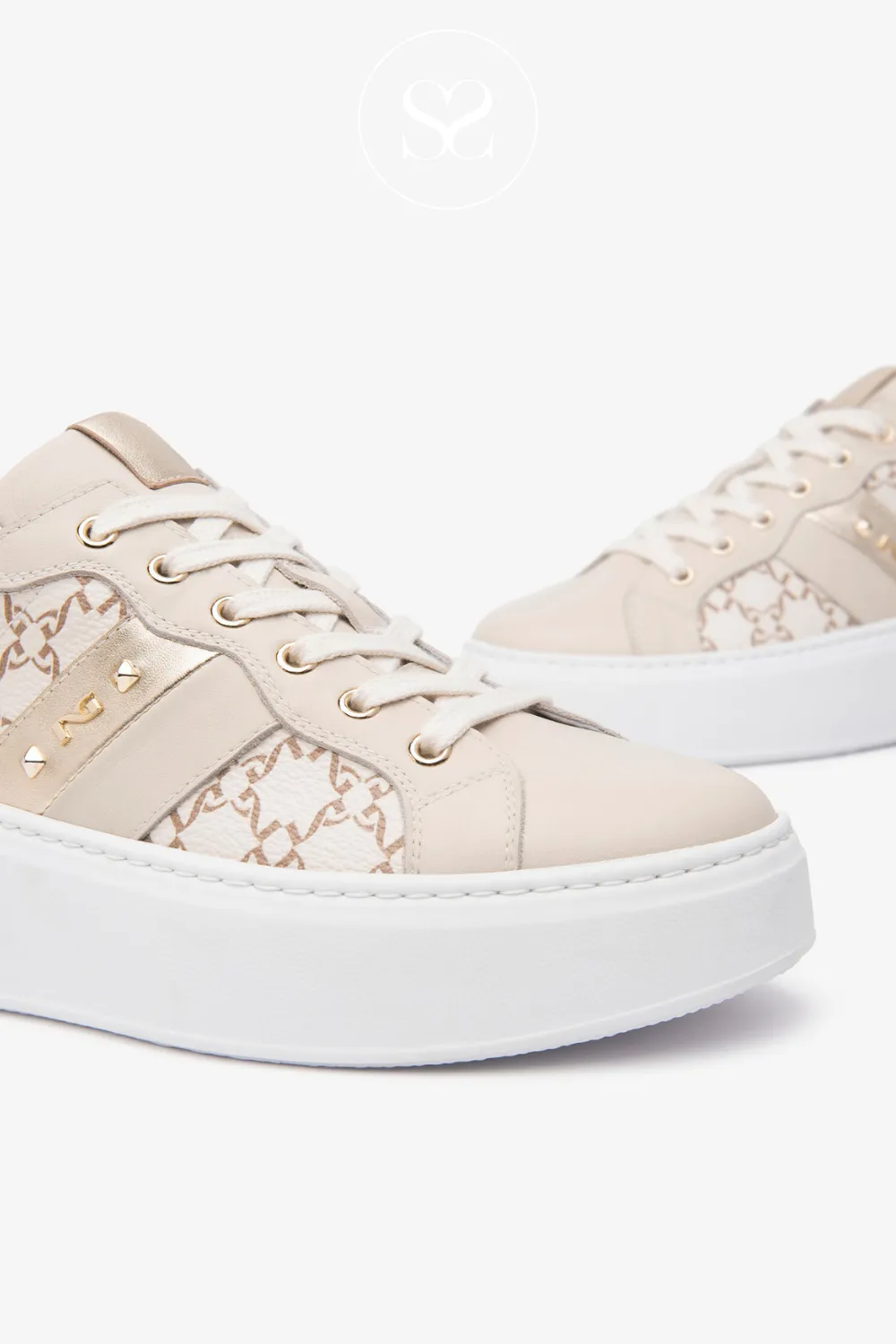 NERO GIARDINI E513080D CREAM/TAUPE LEATHER WEDGE TRAINERS