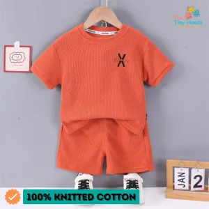 Orange Knit Half Sleeves Solid Round Neck Tshirt and Shorts Set