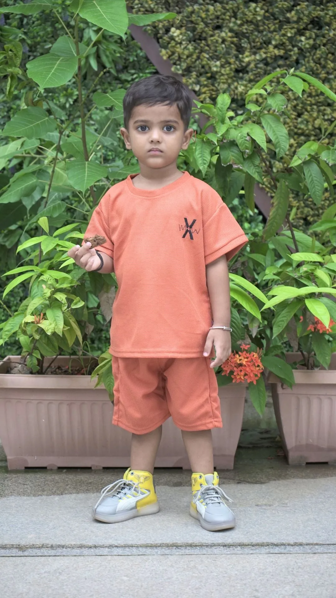 Orange Knit Half Sleeves Solid Round Neck Tshirt and Shorts Set
