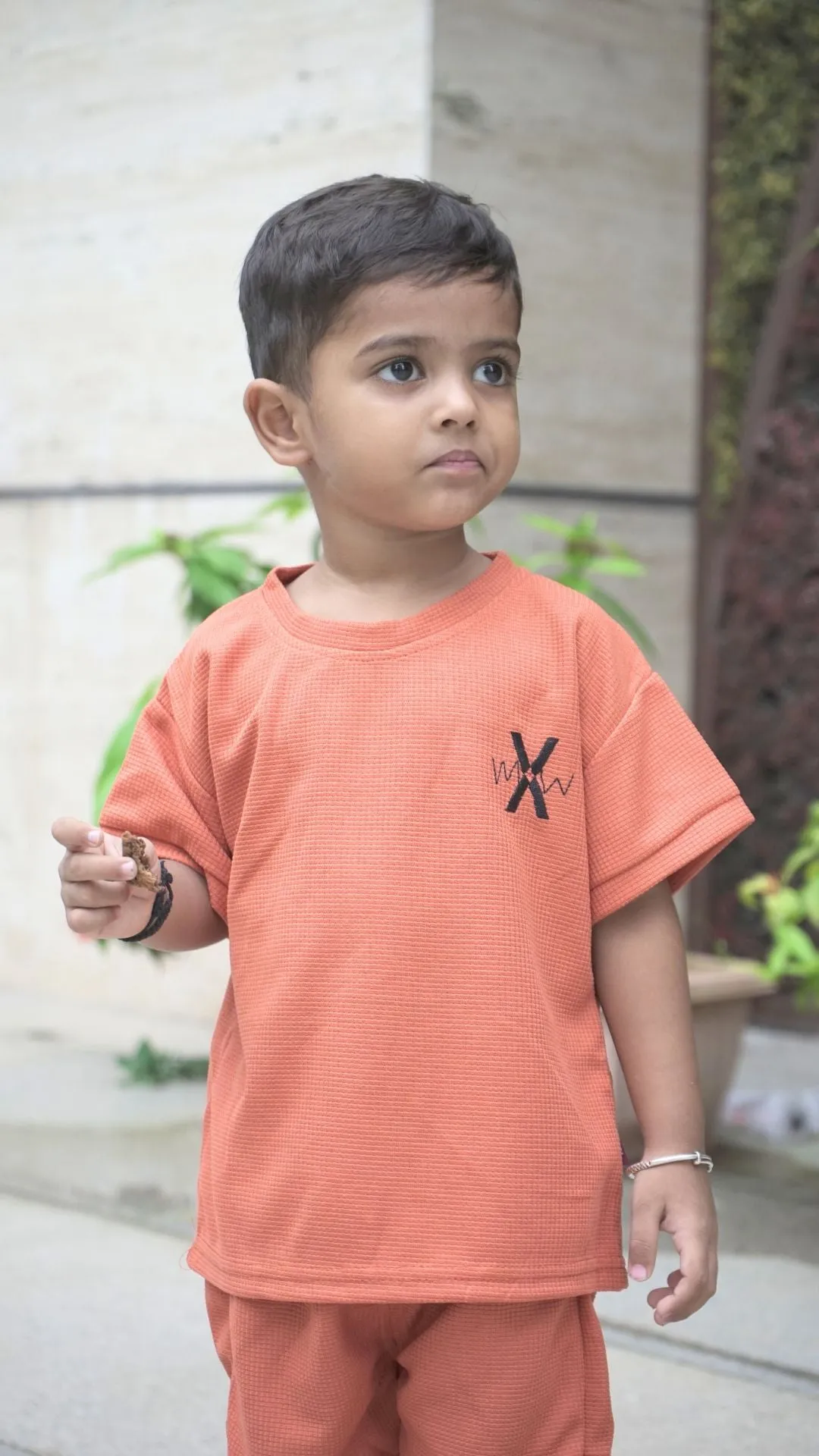 Orange Knit Half Sleeves Solid Round Neck Tshirt and Shorts Set