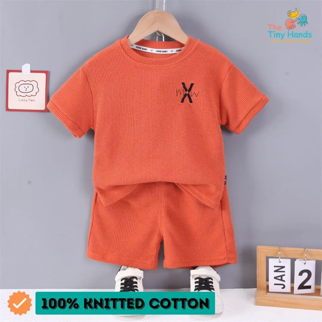 Orange Knit Half Sleeves Solid Round Neck Tshirt and Shorts Set