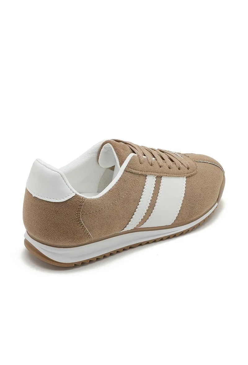 ROUND TOE SIDE LINE STRIPPED DETAILED GUM SOLE TRAINERS IN KHAKI