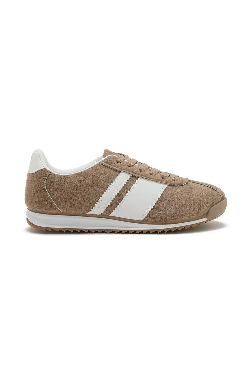ROUND TOE SIDE LINE STRIPPED DETAILED GUM SOLE TRAINERS IN KHAKI