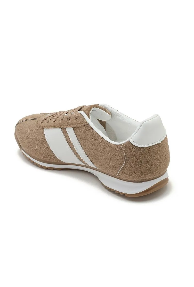 ROUND TOE SIDE LINE STRIPPED DETAILED GUM SOLE TRAINERS IN KHAKI