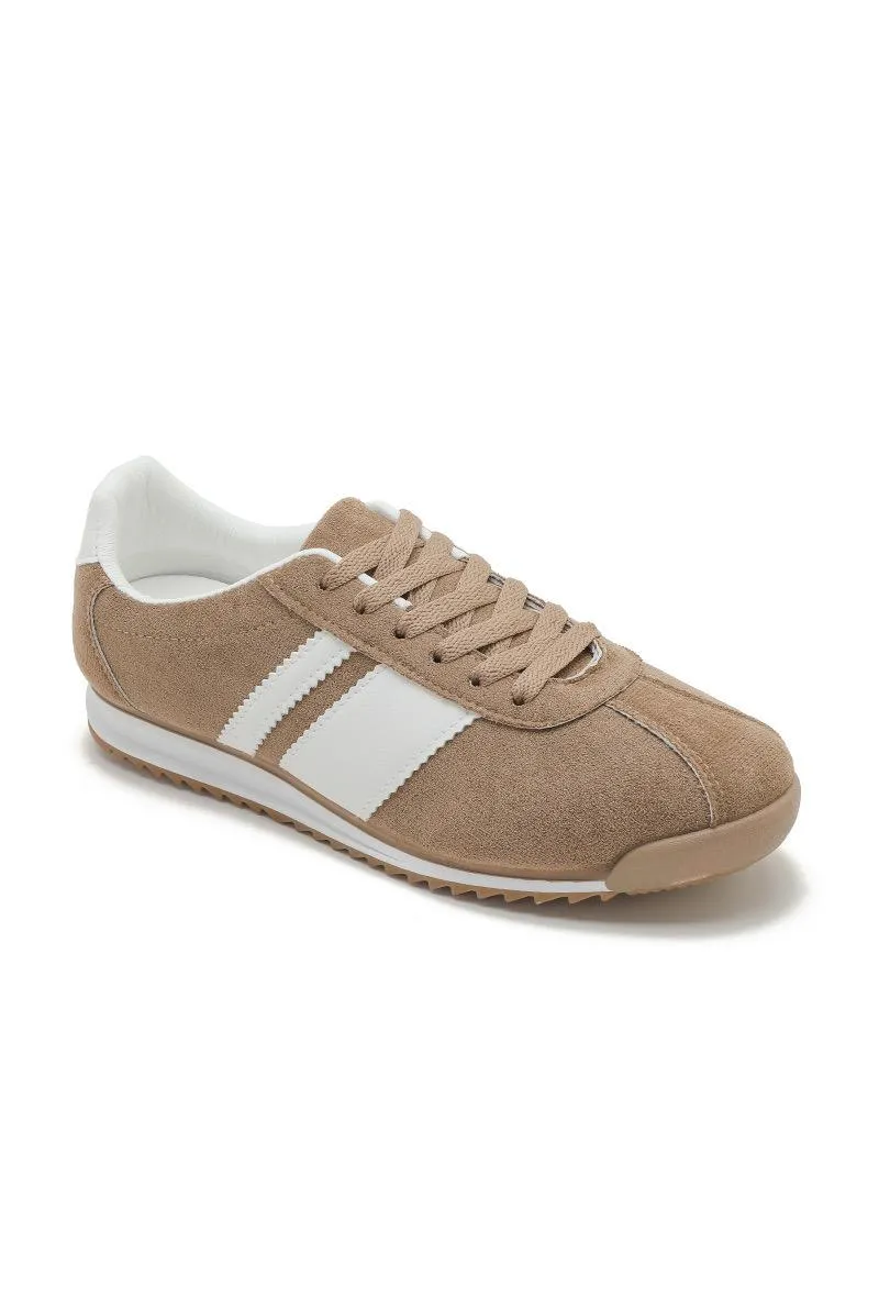 ROUND TOE SIDE LINE STRIPPED DETAILED GUM SOLE TRAINERS IN KHAKI
