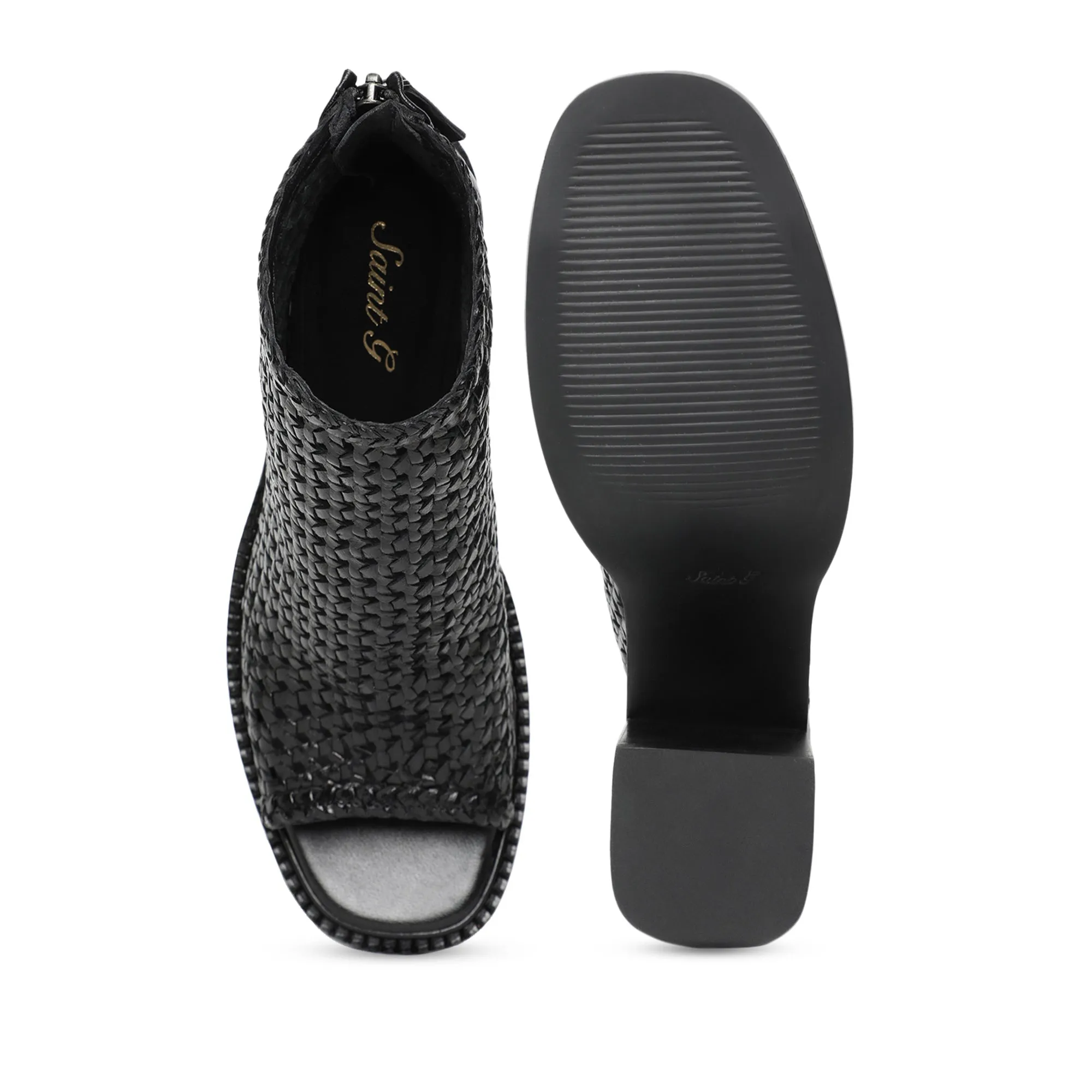 Saint Anna Black Hand Woven Leather Block Heels.