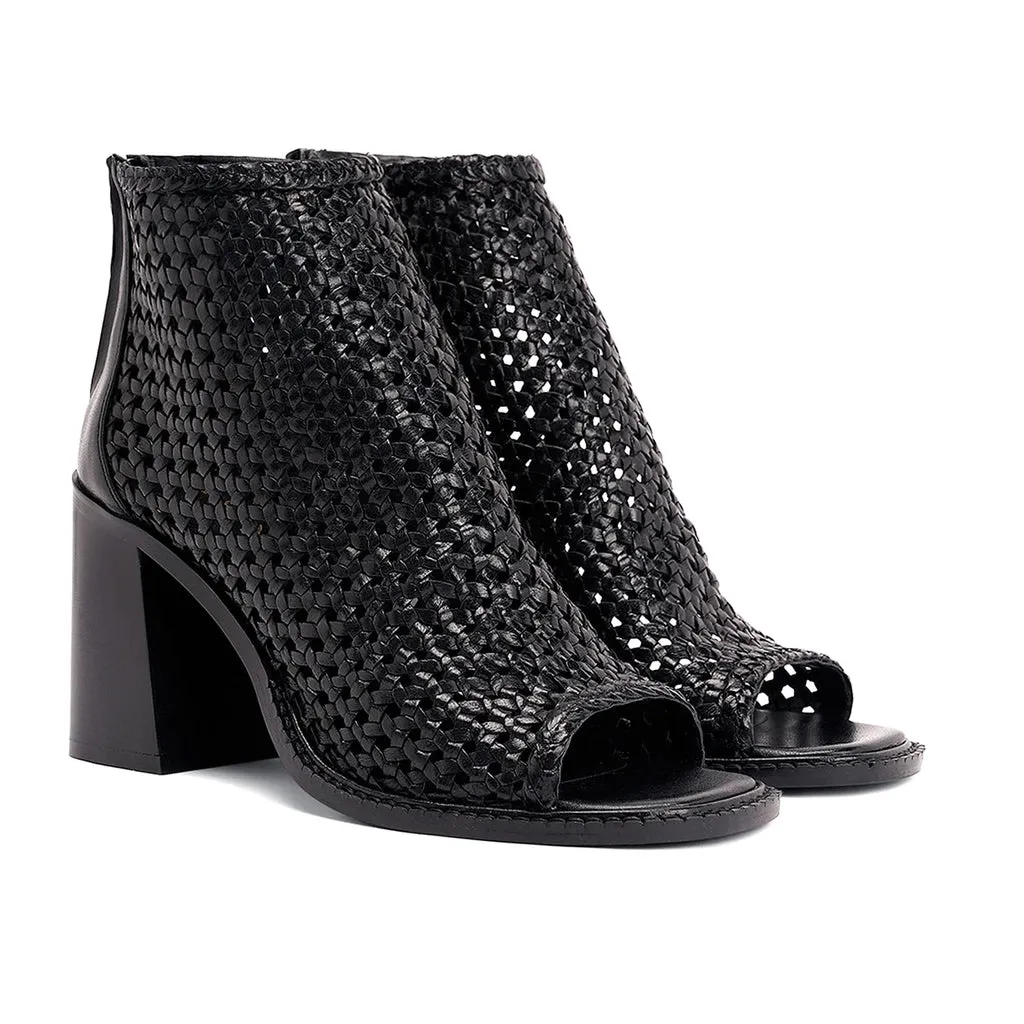 Saint Anna Black Hand Woven Leather Block Heels.