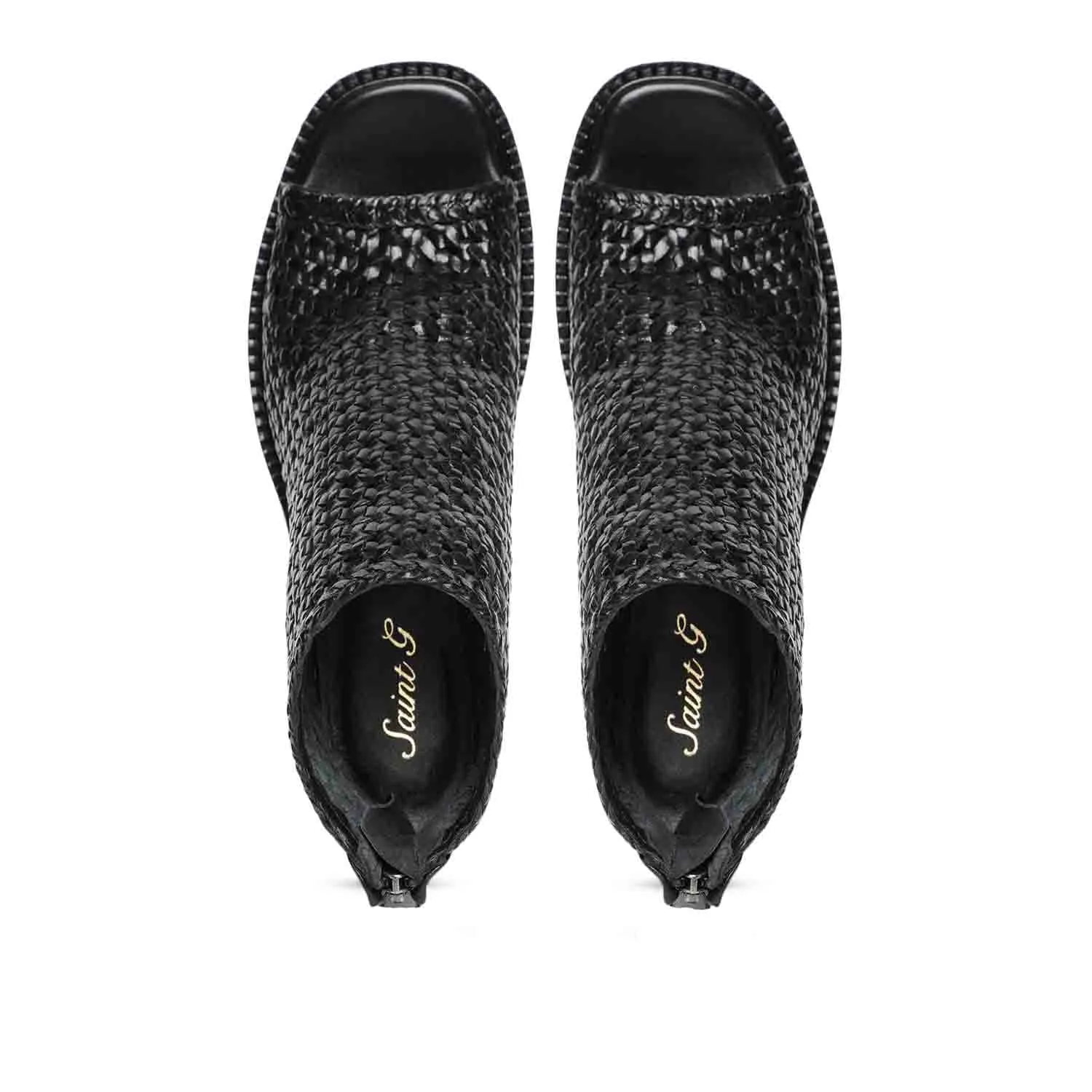 Saint Anna Black Hand Woven Leather Block Heels.