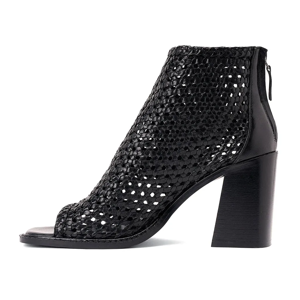 Saint Anna Black Hand Woven Leather Block Heels.
