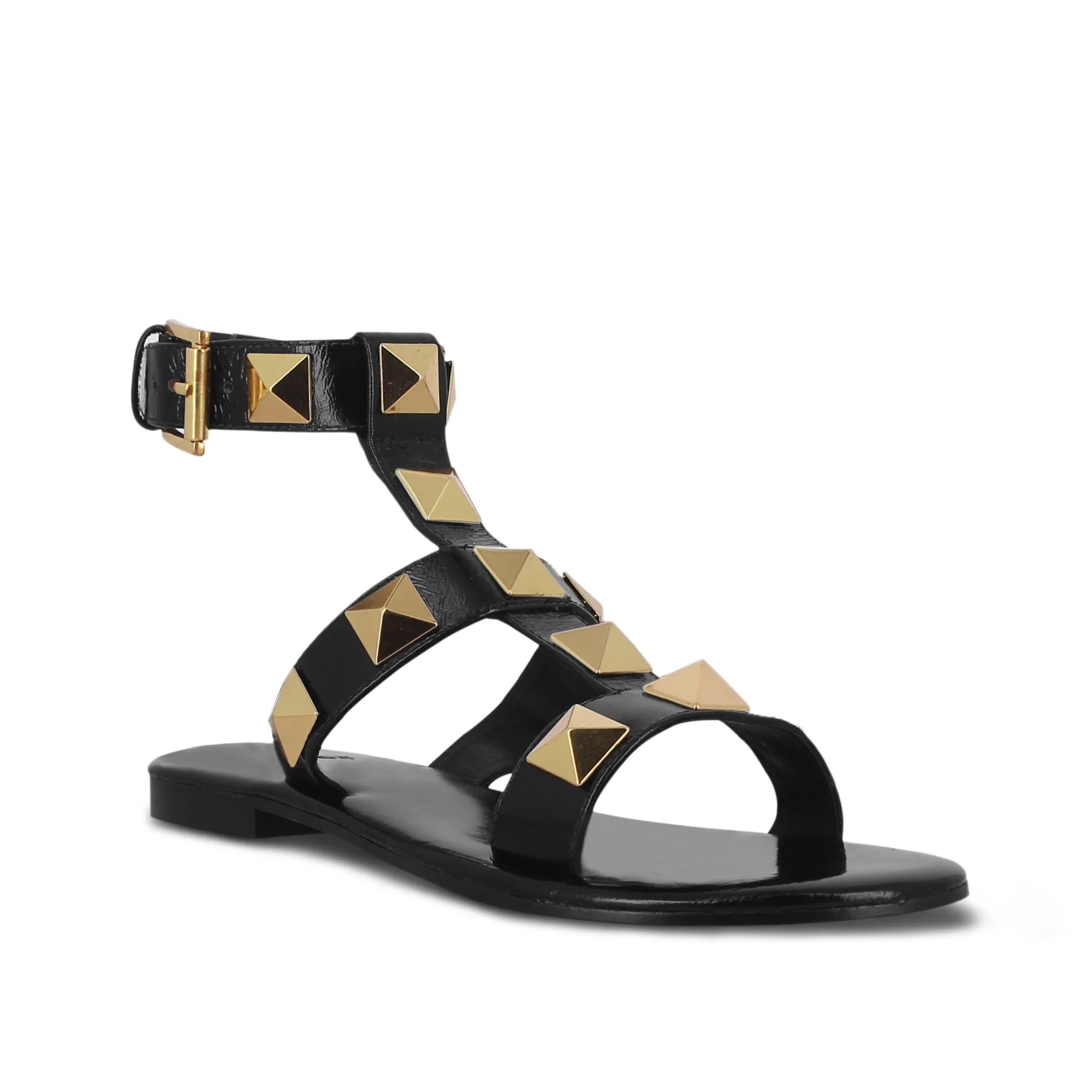 Saint Gaia Black Leather Flat Buckle Sandals