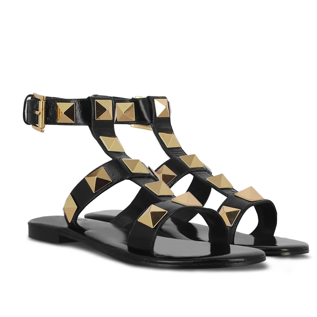 Saint Gaia Black Leather Flat Buckle Sandals