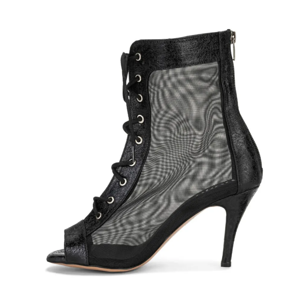 Savanna - Open Toe Black Mesh Lace Up Dance Booties (Street Sole)
