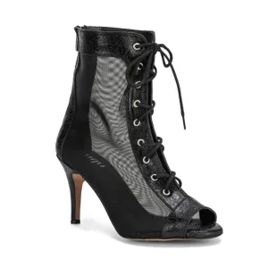 Savanna - Open Toe Black Mesh Lace Up Dance Booties (Street Sole)