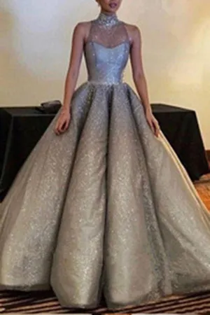 Sparkle High Neck Long Prom Dresses,Gorgeous Ball Gown PFP0142