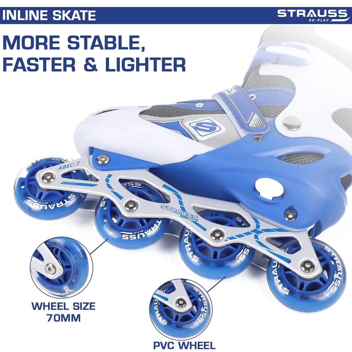 STRAUSS Vortex Adjustable Size Inline Skates | Skating Shoes for Boys & Girls | 4 Wheels |Beginner-Friendly Skating Shoe | Adjustable Roller Blades | Enhanced Stability and Support| Size L,(Blue)