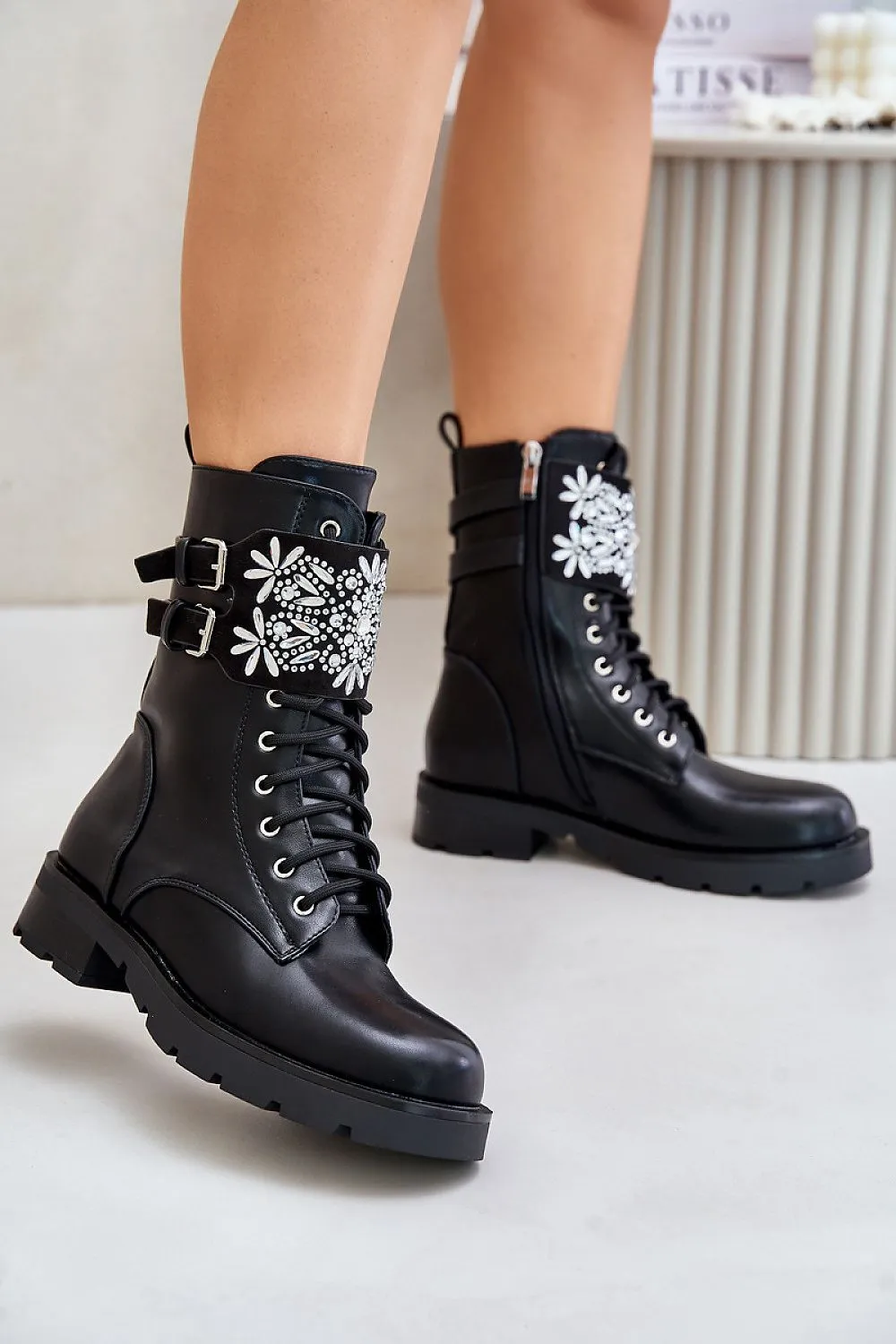 TEEK - Black Petal Band Laced Boots
