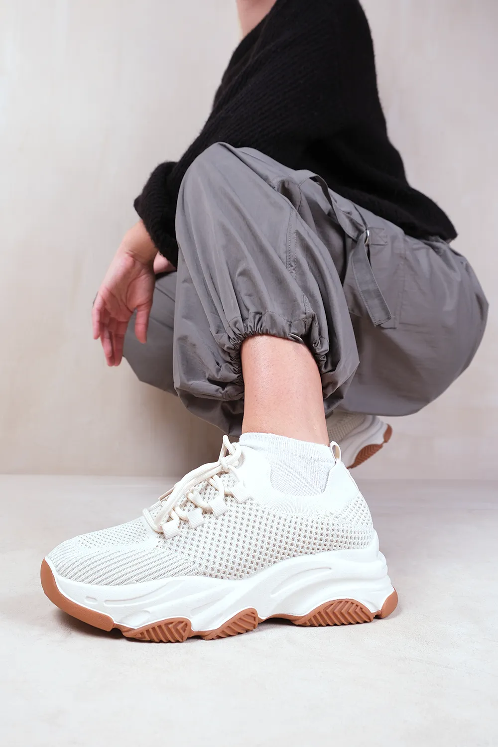 WHISPER CHUNKY SOLE KNIT TRAINERS WITH CRYSTAL EMBELLISHMENT IN BEIGE