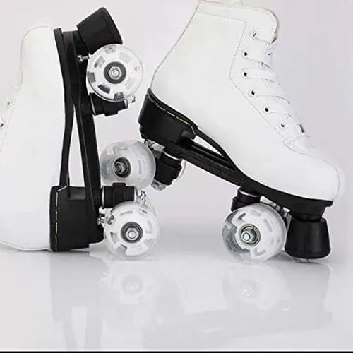 Women's Roller Skates PU Leather High-top Roller Skates Four-Wheel Roller Skates Shiny Roller Skates for Girls Unisex (White Flash Wheel,US: 11)