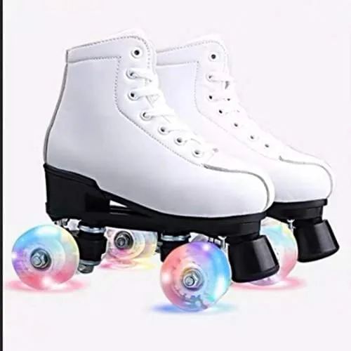 Women's Roller Skates PU Leather High-top Roller Skates Four-Wheel Roller Skates Shiny Roller Skates for Girls Unisex (White Flash Wheel,US: 11)