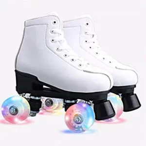Women's Roller Skates PU Leather High-top Roller Skates Four-Wheel Roller Skates Shiny Roller Skates for Girls Unisex (White Flash Wheel,US: 11)