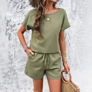 Women's Short Sleeve Top with Drawstring Shorts Set S-XL